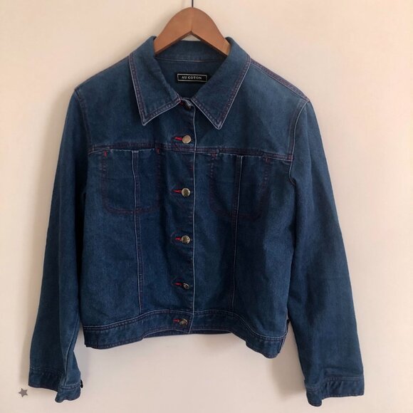 RARE Vintage Y2K AU COTON Brand Denim Jacket Women Size M Red Stitching Cotton - Picture 2 of 7